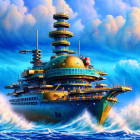 Futuristic battleship with antennas on choppy ocean waves