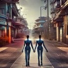 Mirrored humanoid figures stroll deserted sunlit street