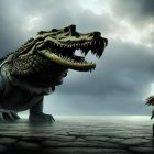 Warrior confronts giant crocodile in desolate landscape