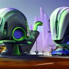 Alien-like architecture in futuristic cityscape with parked blue car