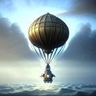 Steampunk-style airship with round balloon at dusk or dawn