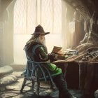 Wizard reading a tome by fireplace in stone chamber with stained-glass window