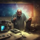 Elderly Man in Lab with Galaxy View Pointing Upwards