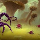 Fantastical forest with oversized purple spider-like creatures under mushroom-like trees