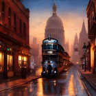 Vintage double-decker bus on cobblestone street near St. Paul's Cathedral at dusk with birds