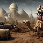 Surreal desert landscape with beehive structures, camel rider, and vintage cars