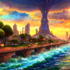 Futuristic sci-fi cityscape at sunset with towering buildings, river, trees