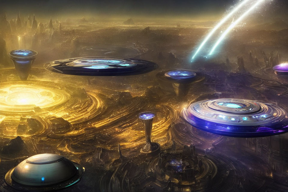 Futuristic cityscape with glowing disc-shaped structures and meteor in dusky sky