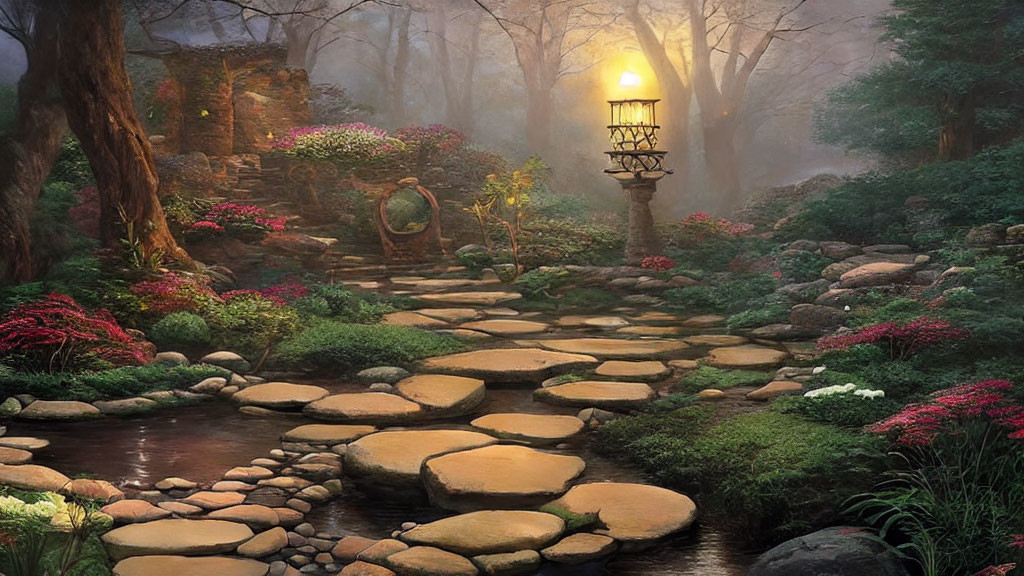 Tranquil garden with stone path over stream amid lush foliage and misty light