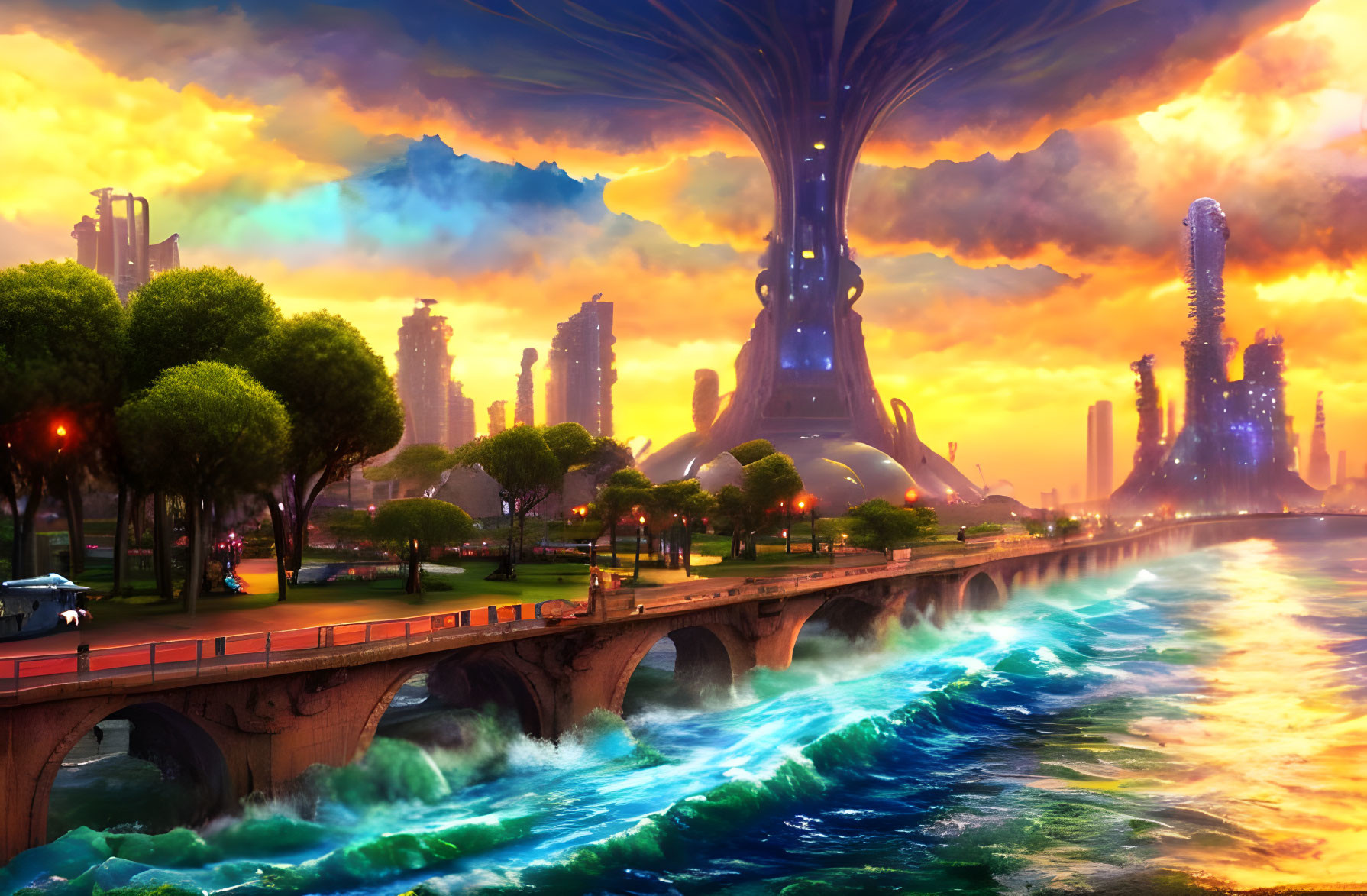 Futuristic sci-fi cityscape at sunset with towering buildings, river, trees