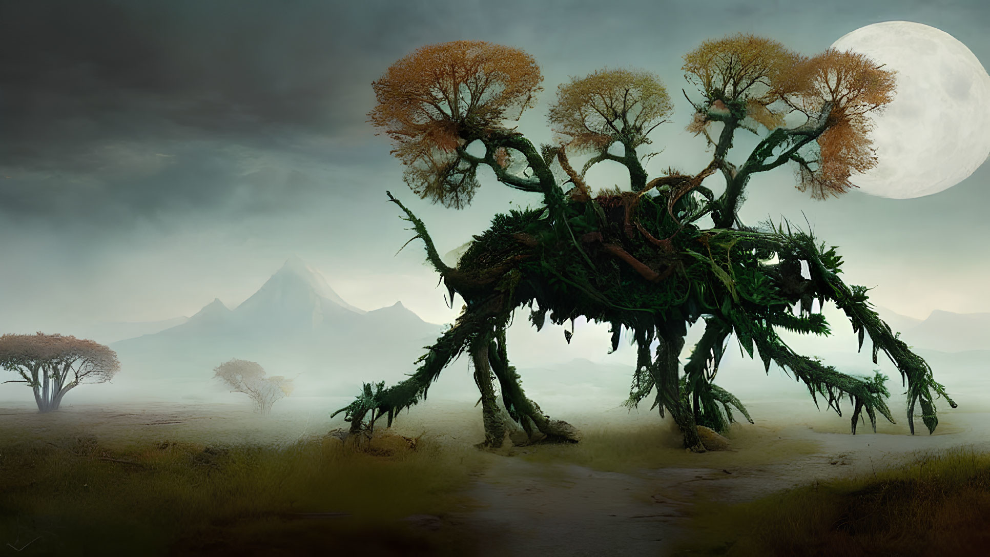 Giant walking tree creature in mystical moonlit landscape