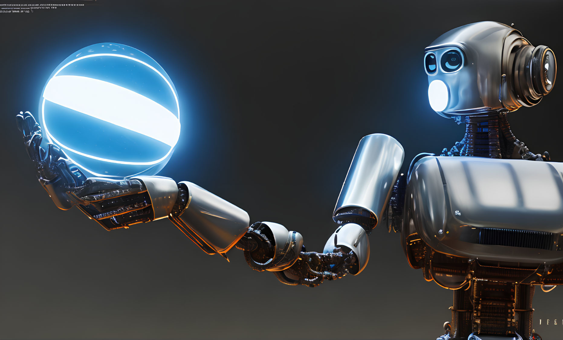 Futuristic robot holding glowing blue orb on dark background