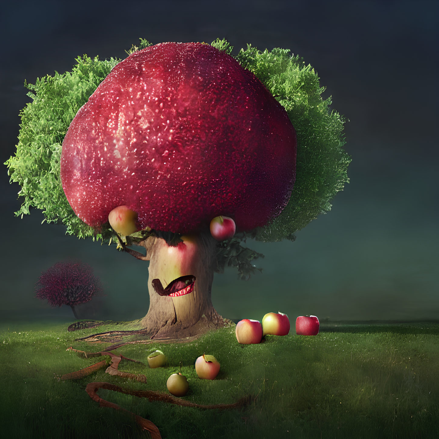 Illustration of whimsical tree with red apple canopy, face on trunk, scattered apples, in green