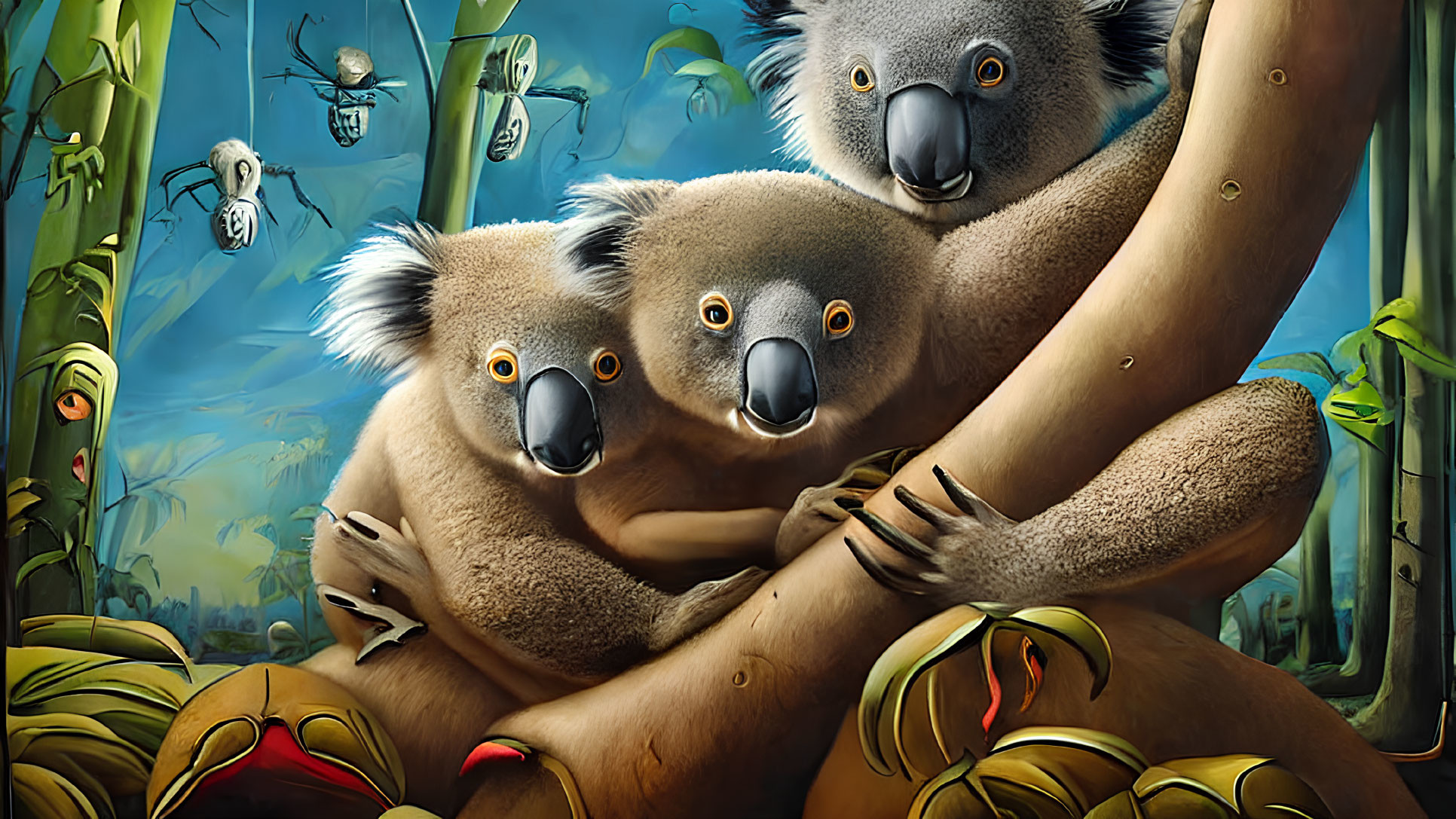 Three koalas hugging tree in whimsical forest with bamboo, parrots, and floating cash