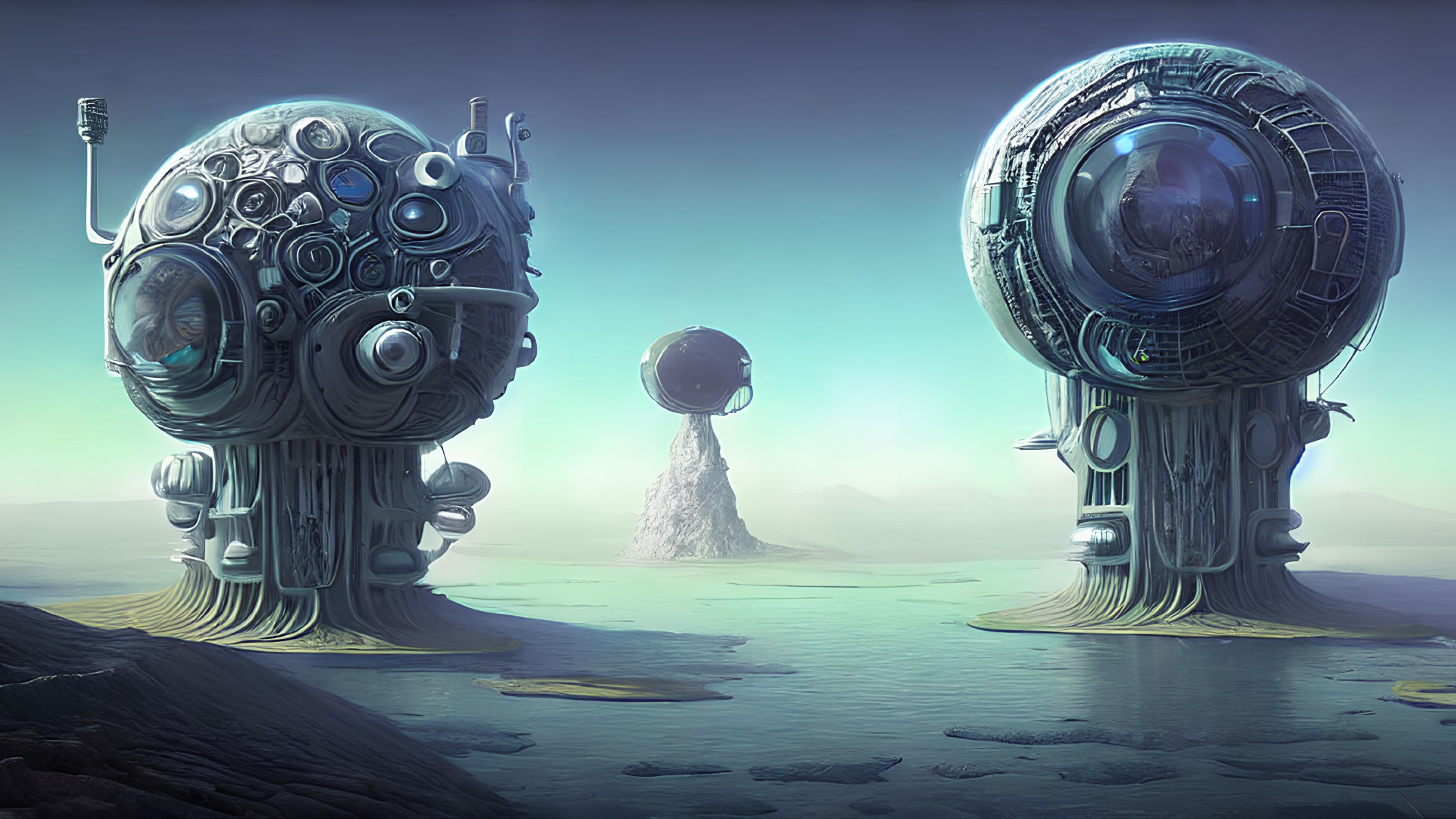 Intricate futuristic spherical structures on barren landscape