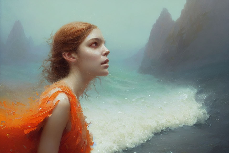 Red-haired woman in orange dress gazes up in misty seascape with crashing waves and rocky cliffs