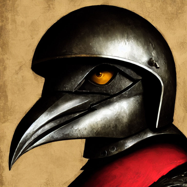 Stylized helmet with beak-like design and ominous orange eye.