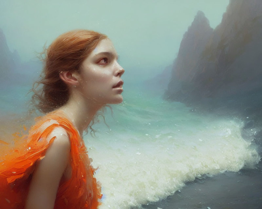 Red-haired woman in orange dress gazes up in misty seascape with crashing waves and rocky cliffs