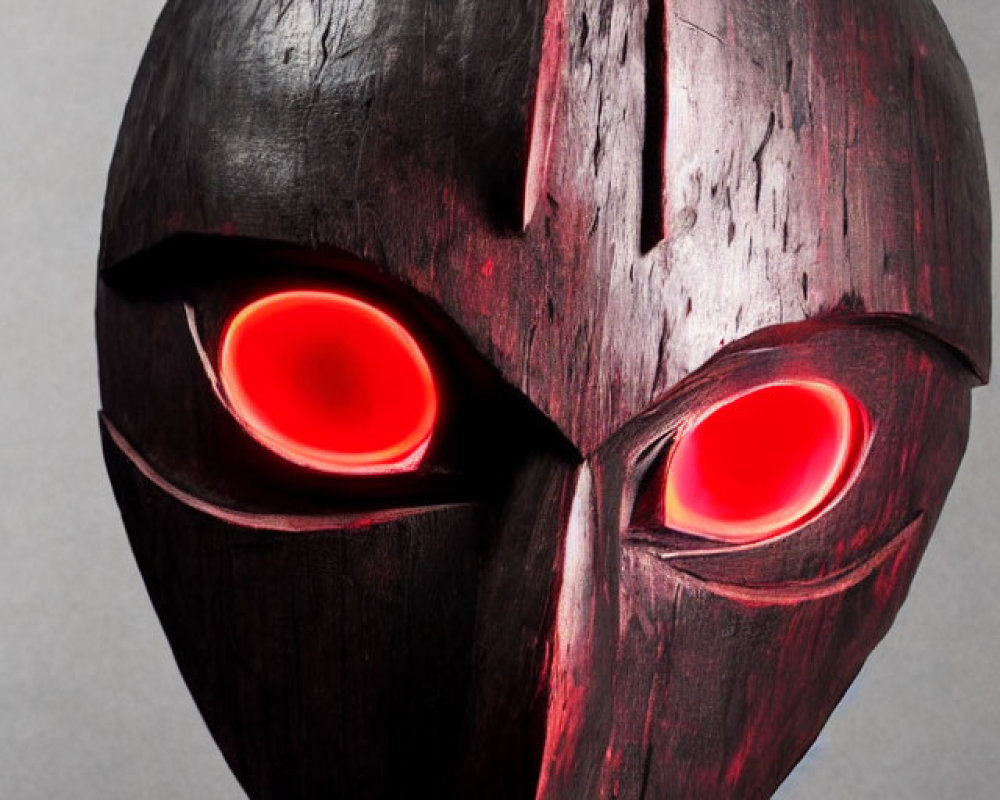 Stylized wooden mask with glowing red eyes and intricate carvings