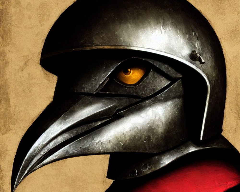 Stylized helmet with beak-like design and ominous orange eye.