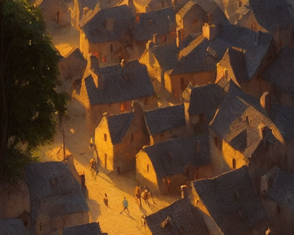 Medieval village at sunset with rustic houses and villagers.