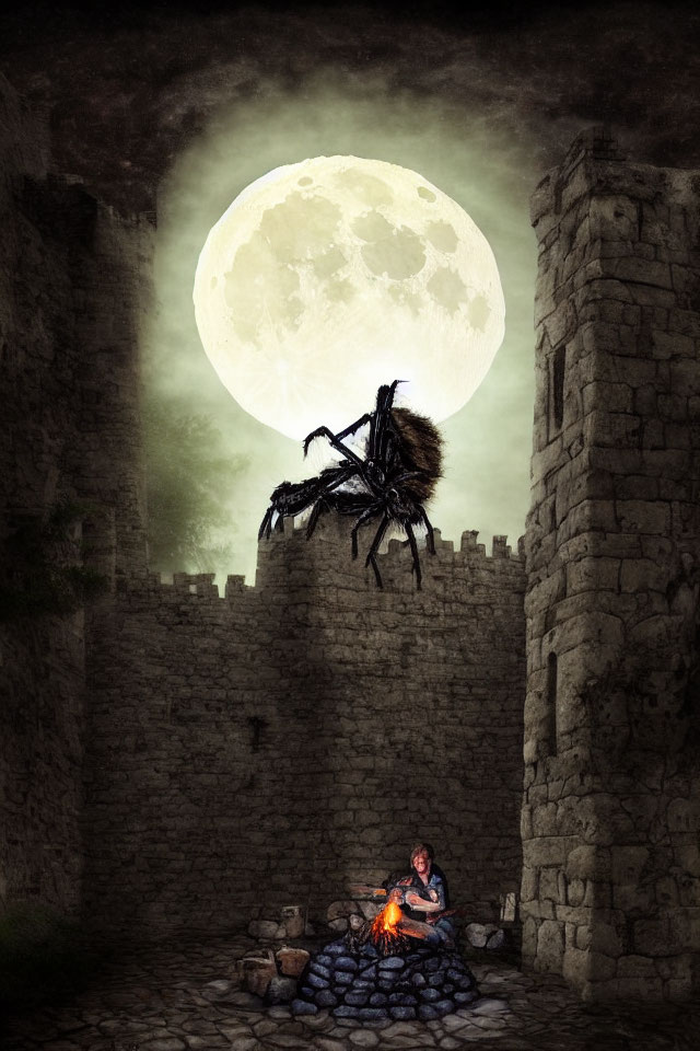 Person by Campfire in Castle Ruins with Giant Spider Under Full Moon