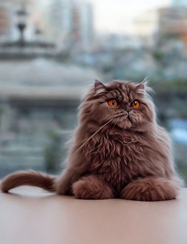 Fluffy grey cat with yellow eyes in urban setting