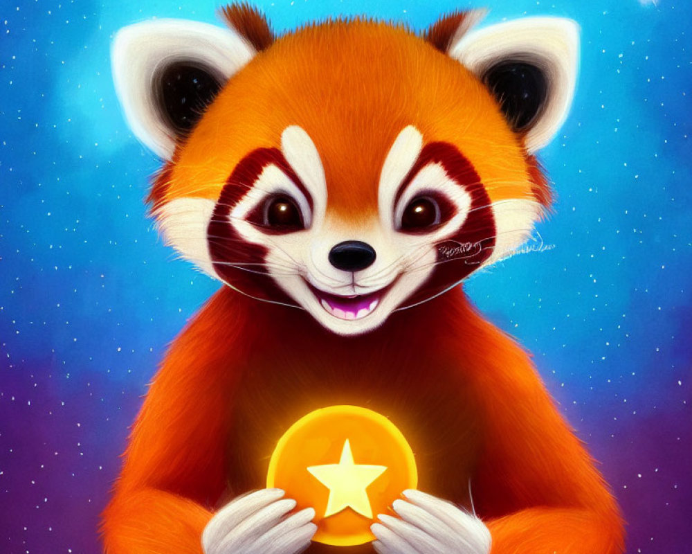 Colorful Red Panda Holding Yellow Star in Starry Sky Illustration