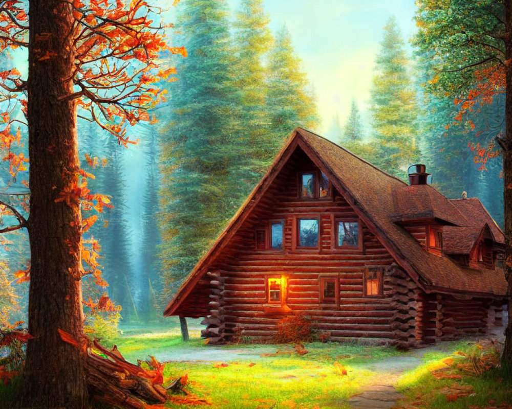 Autumn scene: Cozy log cabin in golden forest light