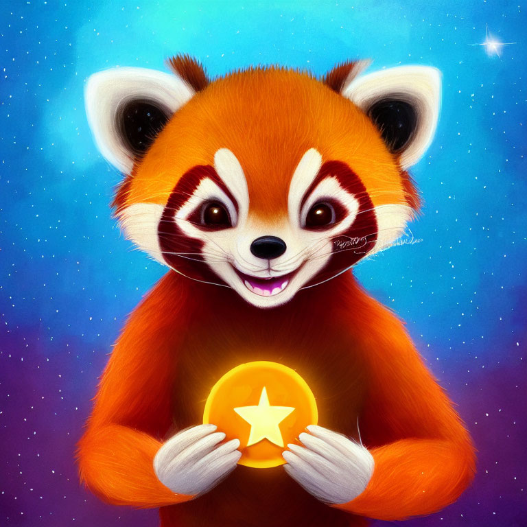 Colorful Red Panda Holding Yellow Star in Starry Sky Illustration