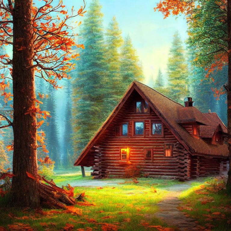 Autumn scene: Cozy log cabin in golden forest light