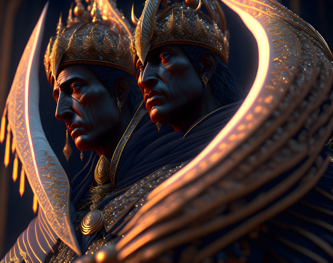 Golden statues with intricate headgear and elaborate wings in dimly lit setting