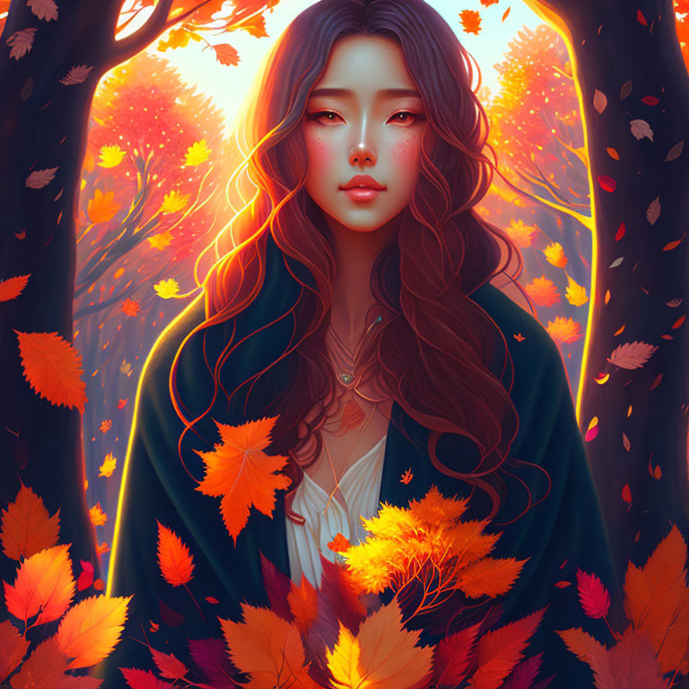 Digital artwork: Woman with long hair in autumn forest