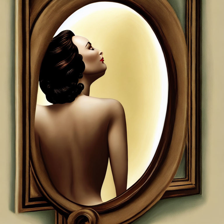 Woman with Classic Makeup and Hairstyle Reflected in Oval Mirror