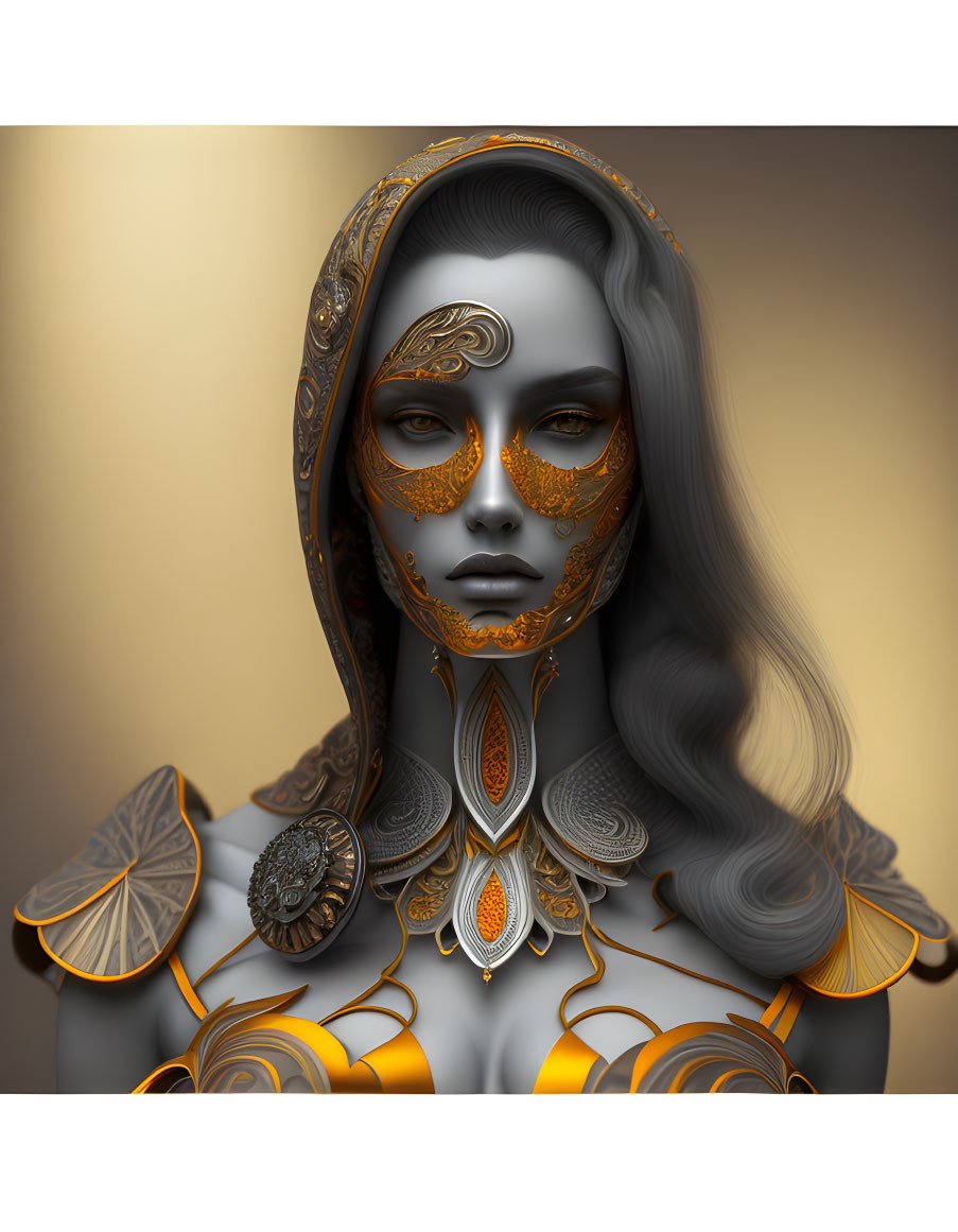 Digital artwork featuring woman with ornate gold and black mask-like face patterns and decorative armor