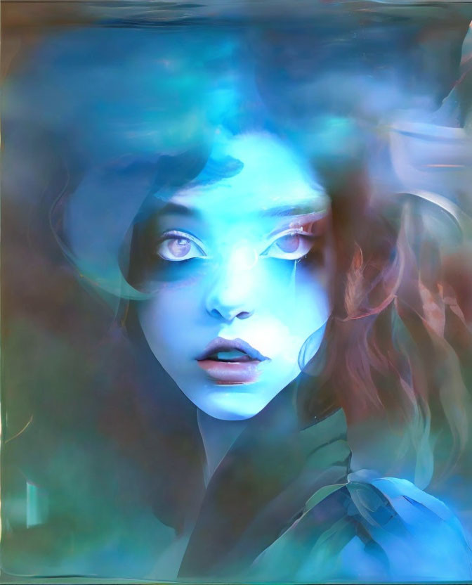 Vibrant surreal portrait of a woman with flowing hair