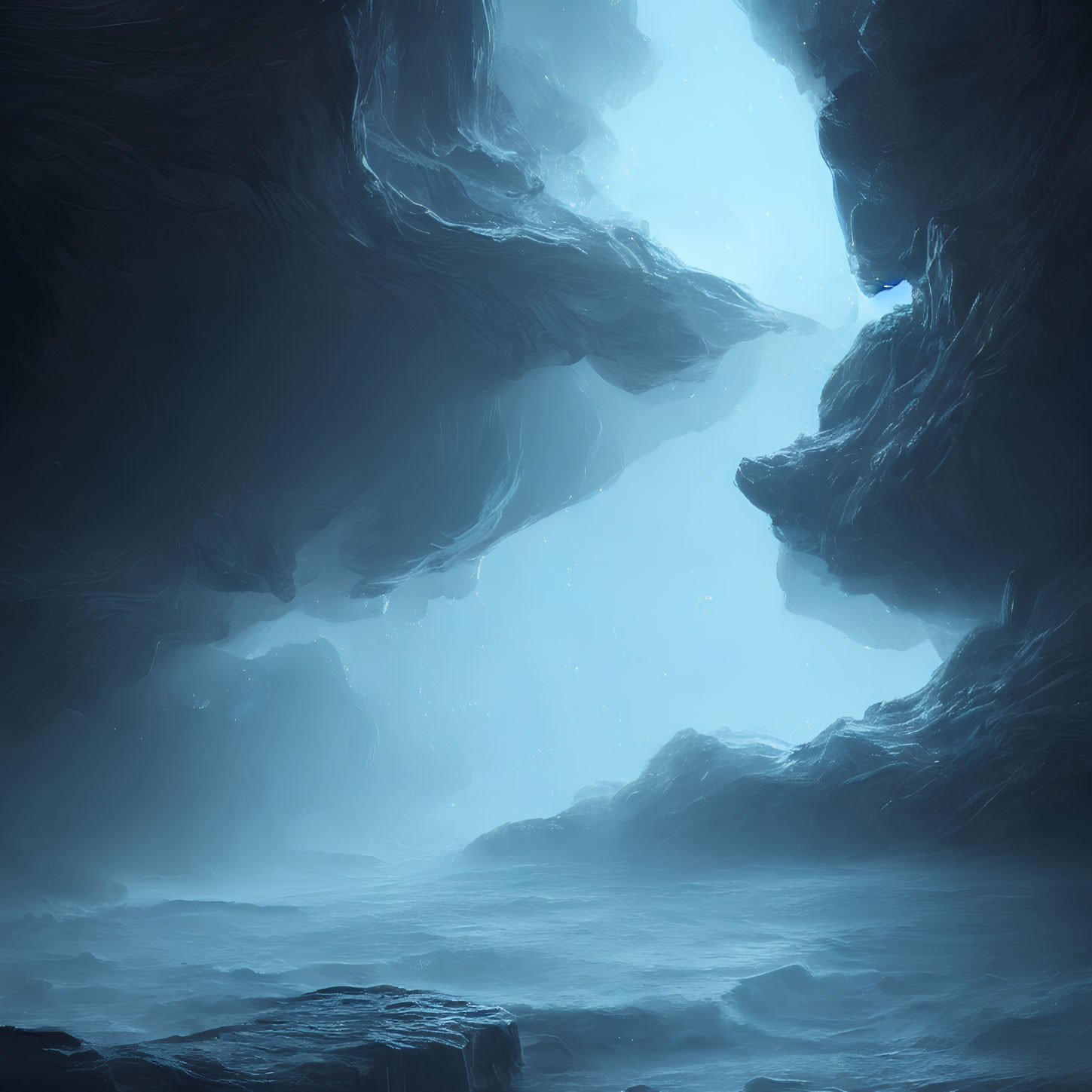 Ethereal blue ice cave with soft light, mist-covered water