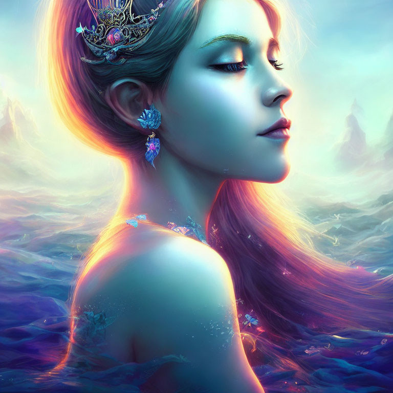 Ethereal woman with decorative crown and glowing iridescence