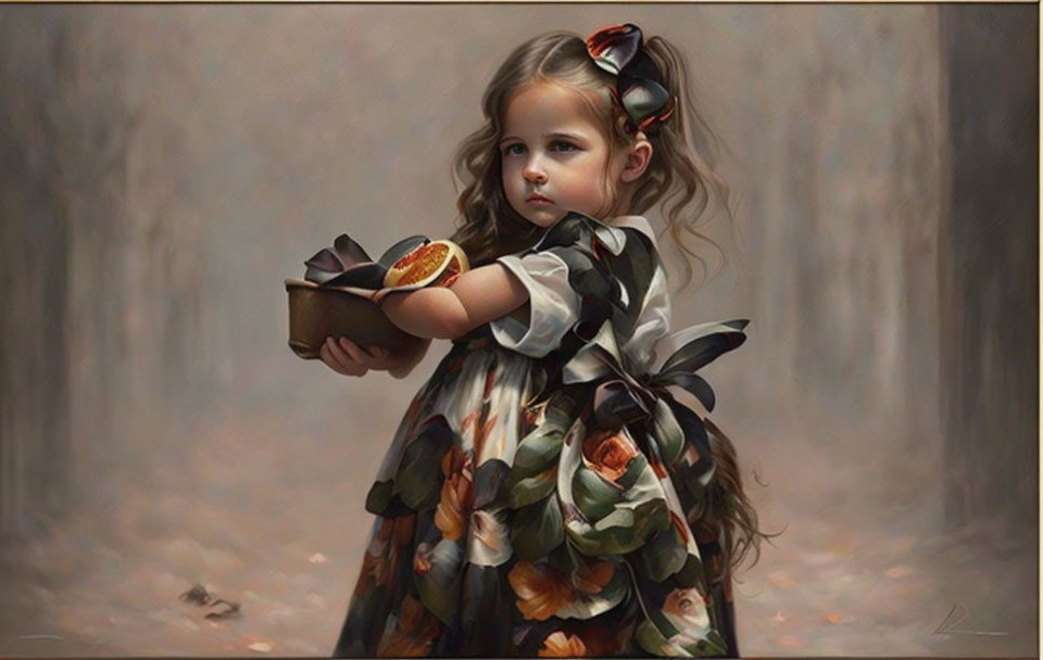 Young girl in floral dress holding bowl against muted backdrop