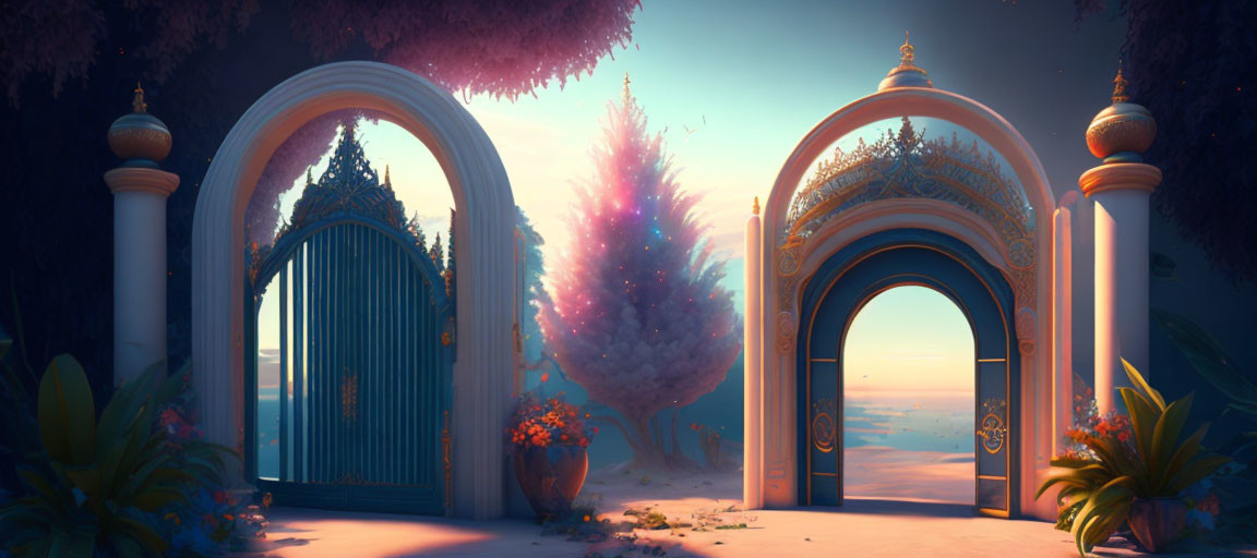 Digital Art: Ornate Gate Opening to Colorful Sunset Landscape