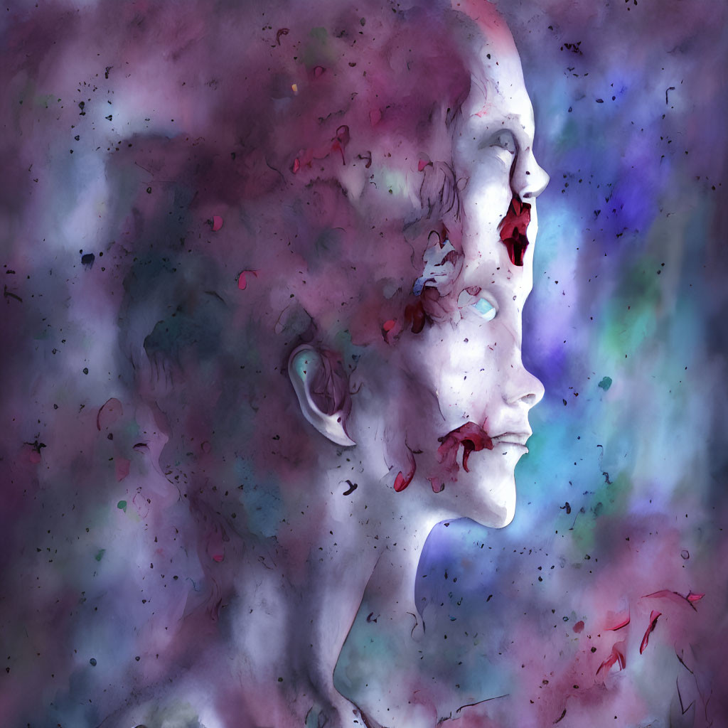 Surreal digital painting of woman's profile in cosmic background