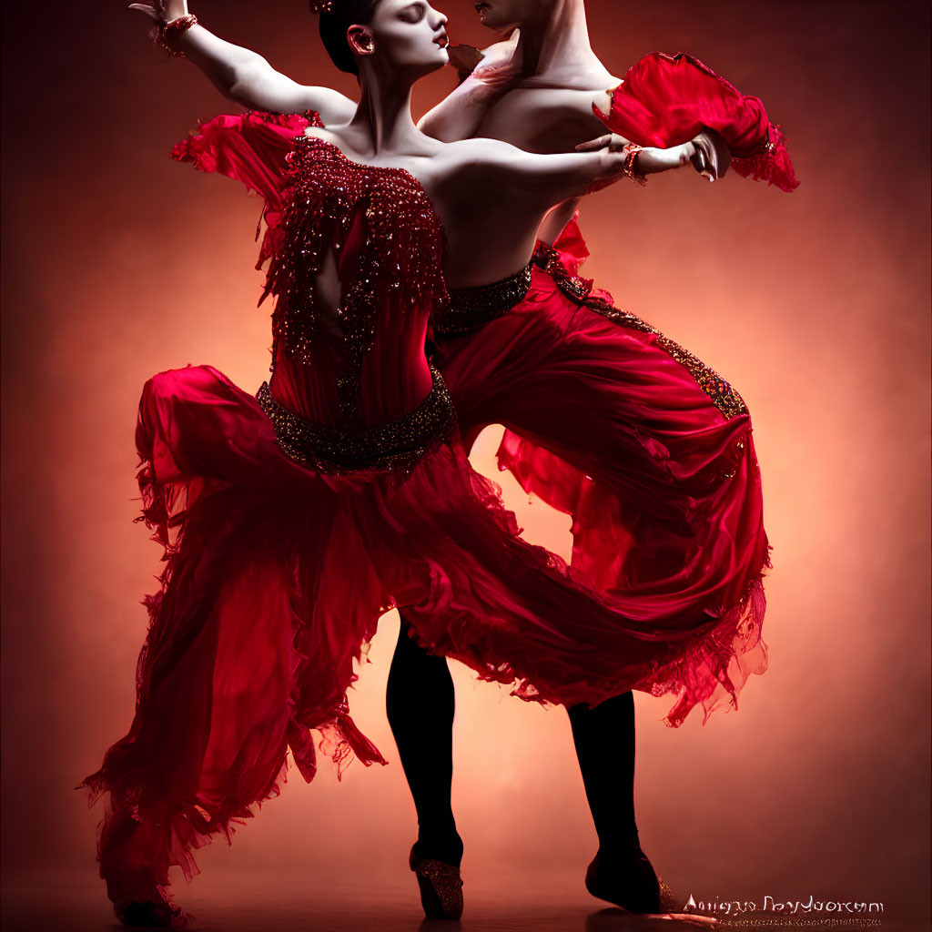 Vibrant flamenco dancers in red attire captured in passionate performance