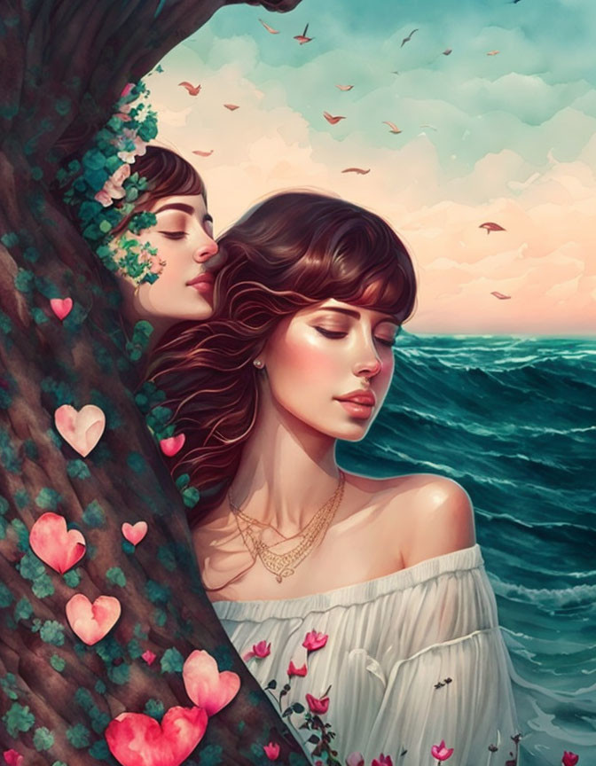 Two women by the sea with pink hearts and birds, evoking calm and romance