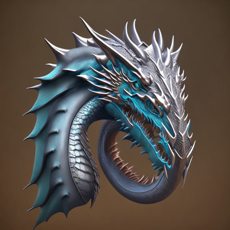 Metallic Blue Dragon 3D Illustration with Spikes and Scales