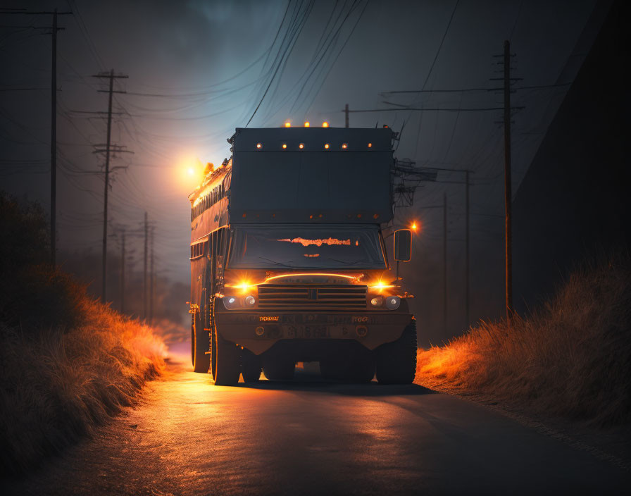 Large Truck with Illuminated Headlights Driving on Road at Twilight