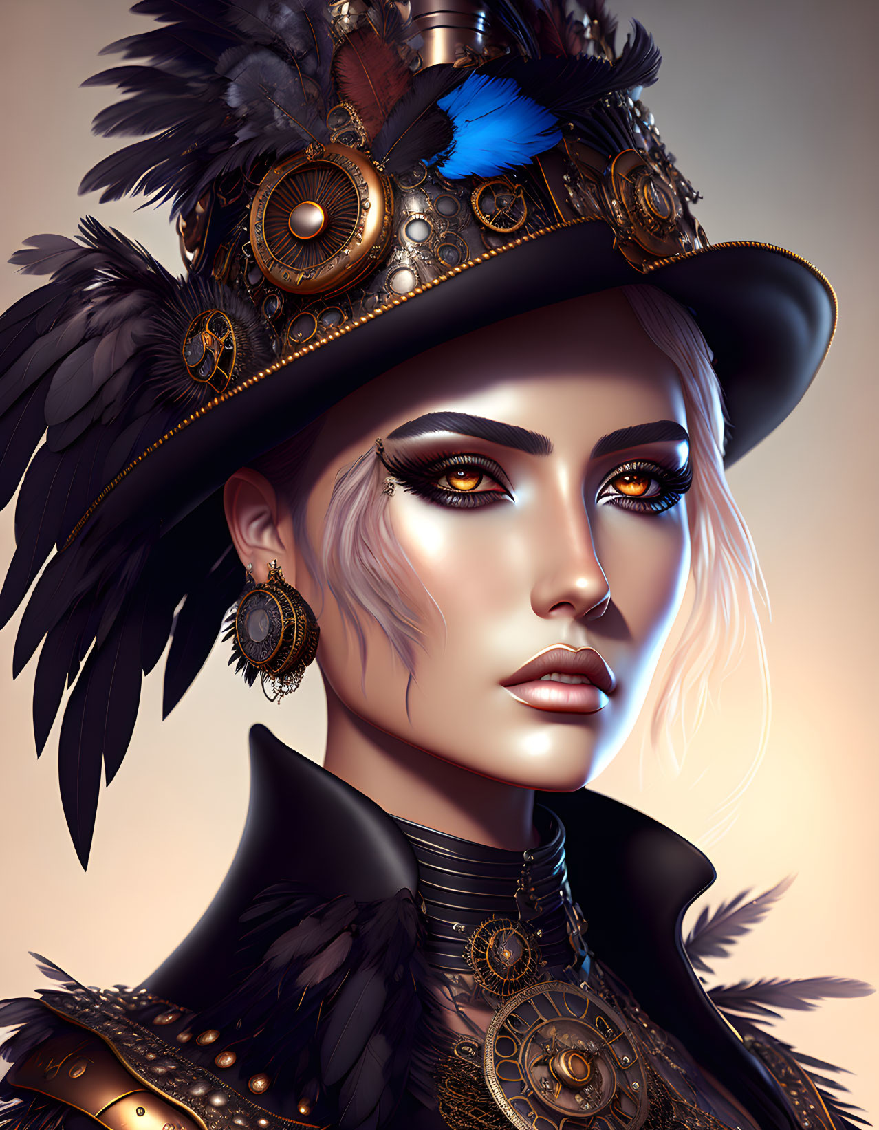 Digital artwork: Woman with striking makeup & steampunk hat.