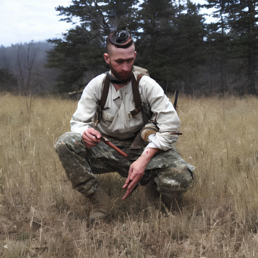 Man in camouflage pants crouching with knife in hand in field