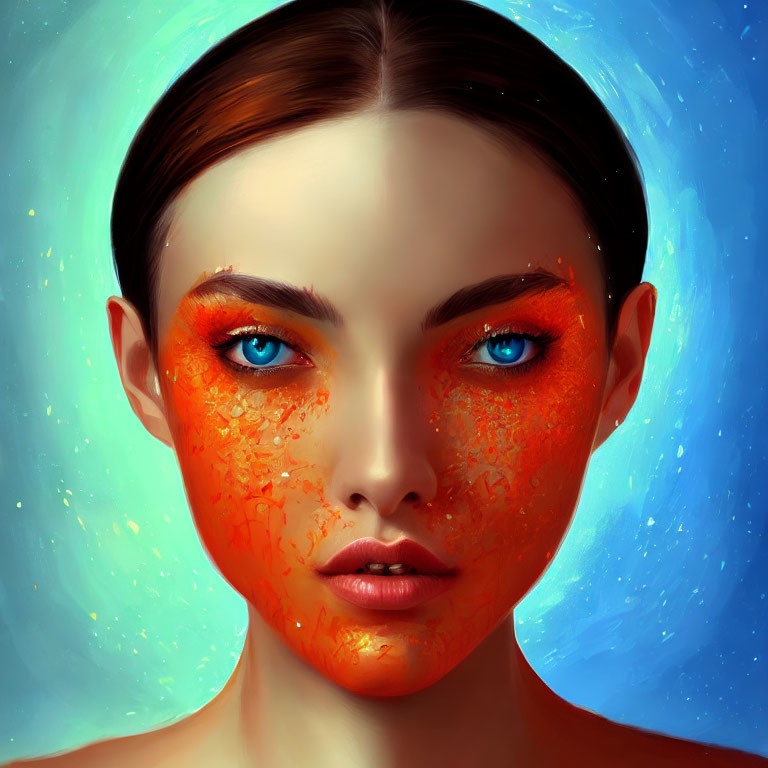 Surreal portrait of woman with vibrant blue eyes and fiery orange textures