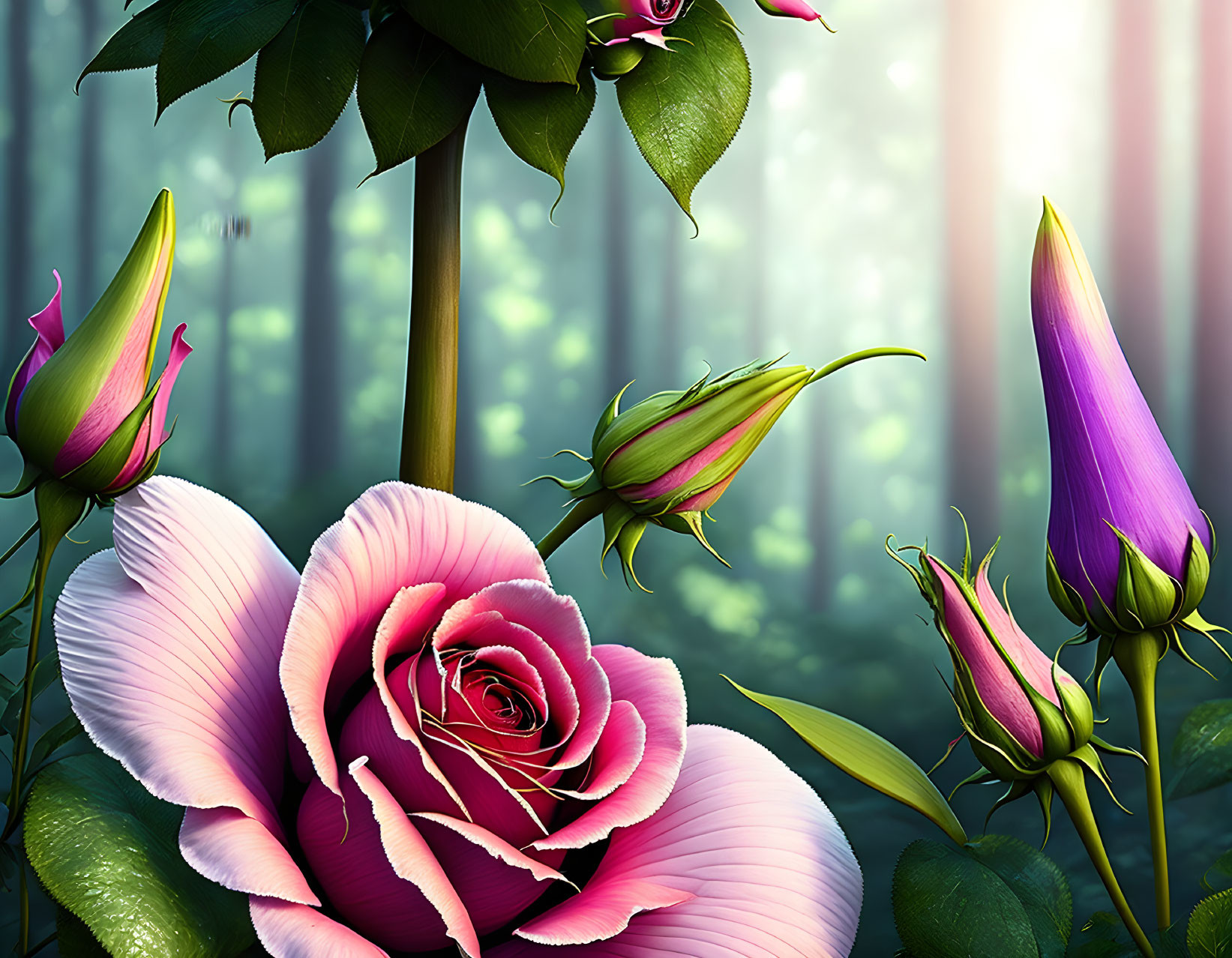 Pink Rose and Buds in Mystical Forest Setting