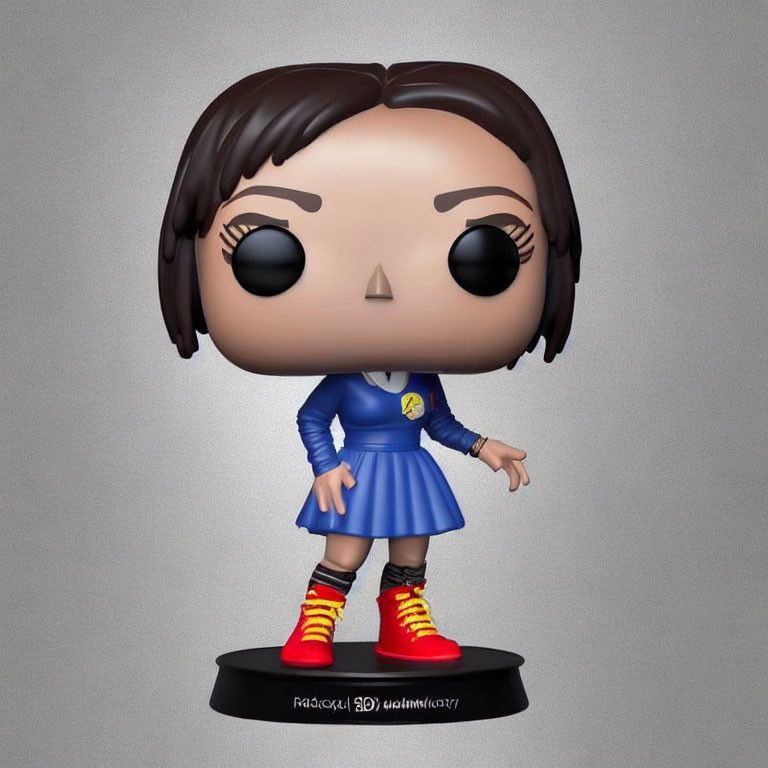 Female character Funko Pop! vinyl figure in blue dress with badge and striped socks